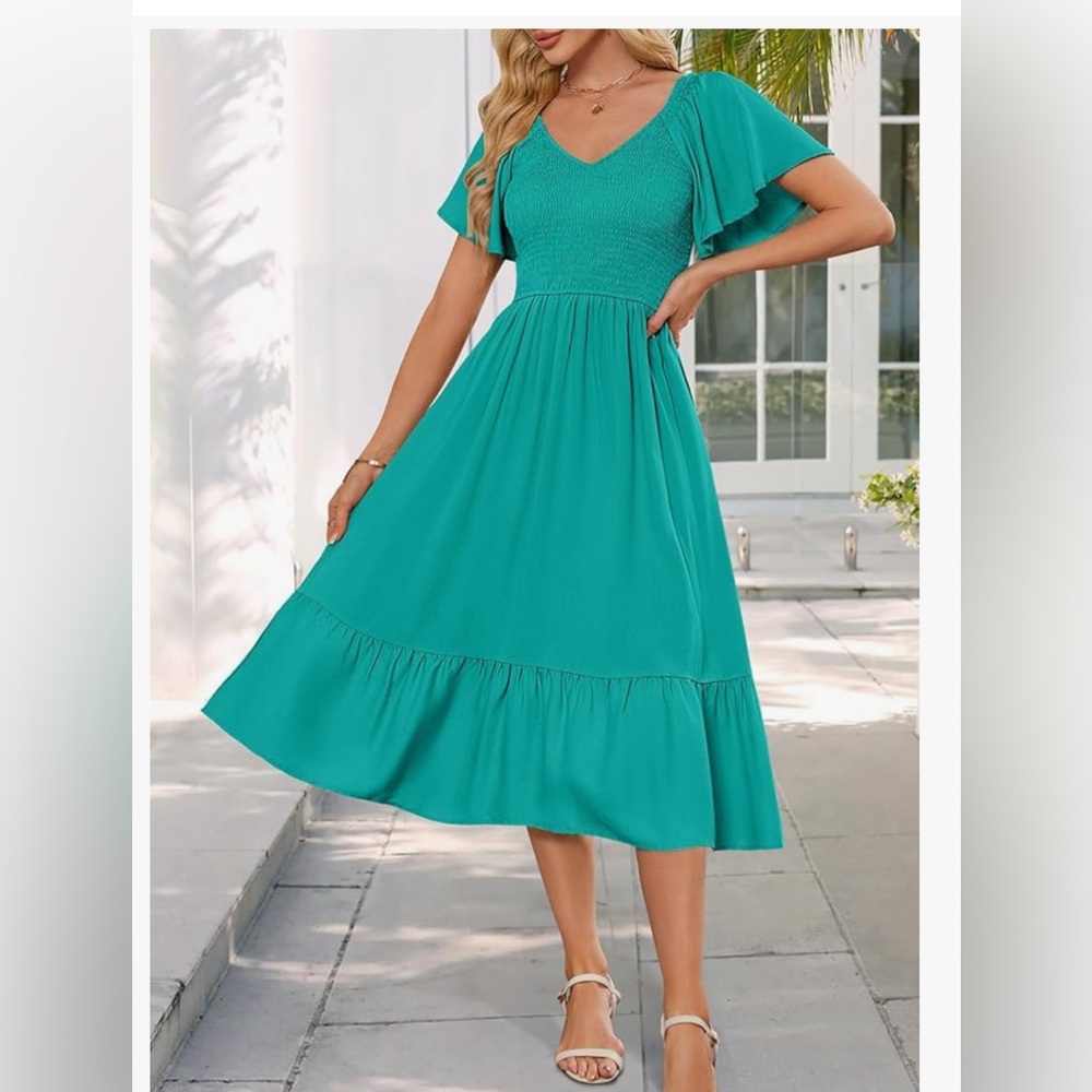 Chic Teal Midi Dress with Flutter Sleeves